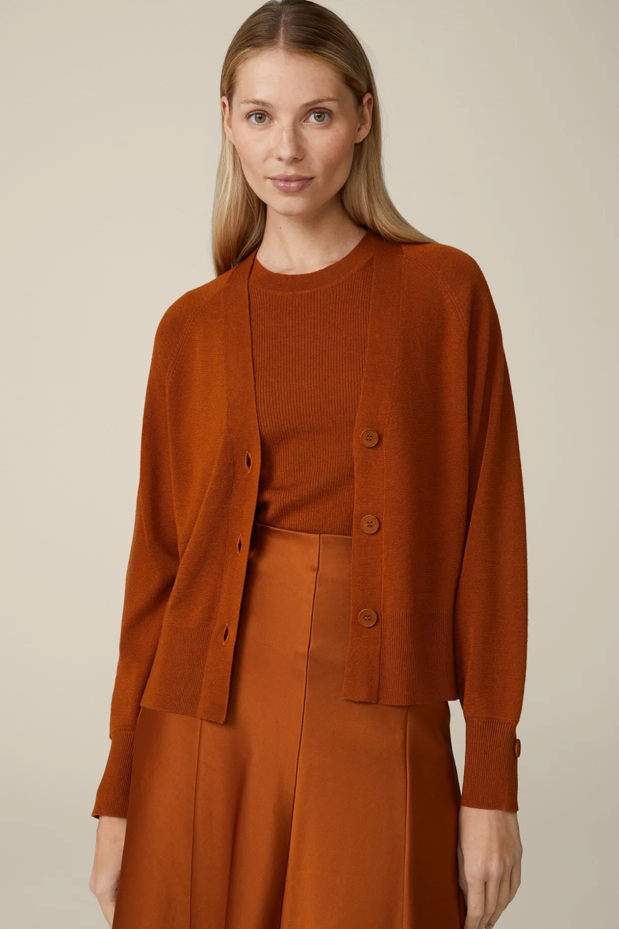 Schurwoll-Seidenmix-Cardigan In Kupfer