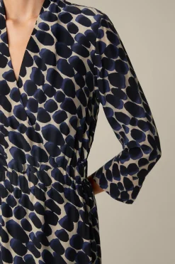 Viskose-Seidenmix-Wickel-Kleid In Navy-Beige Gemustert
