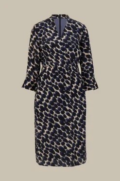 Viskose-Seidenmix-Wickel-Kleid In Navy-Beige Gemustert