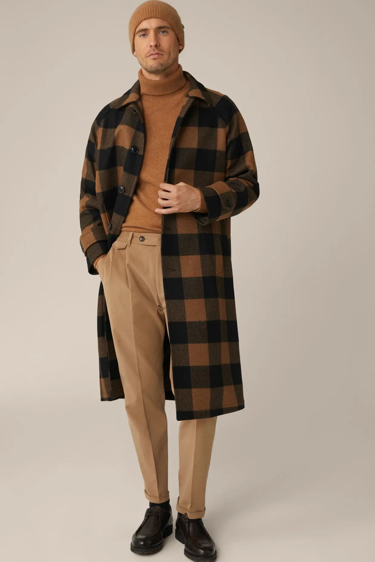 Wollmix-Mantel Rossano Mit Hemdkragen In Schwarz-Braun Check